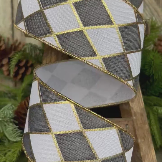 2.5" Black White Antique Diamonds Ribbon, Farrisilk Ribbon, Harlequin Ribbon