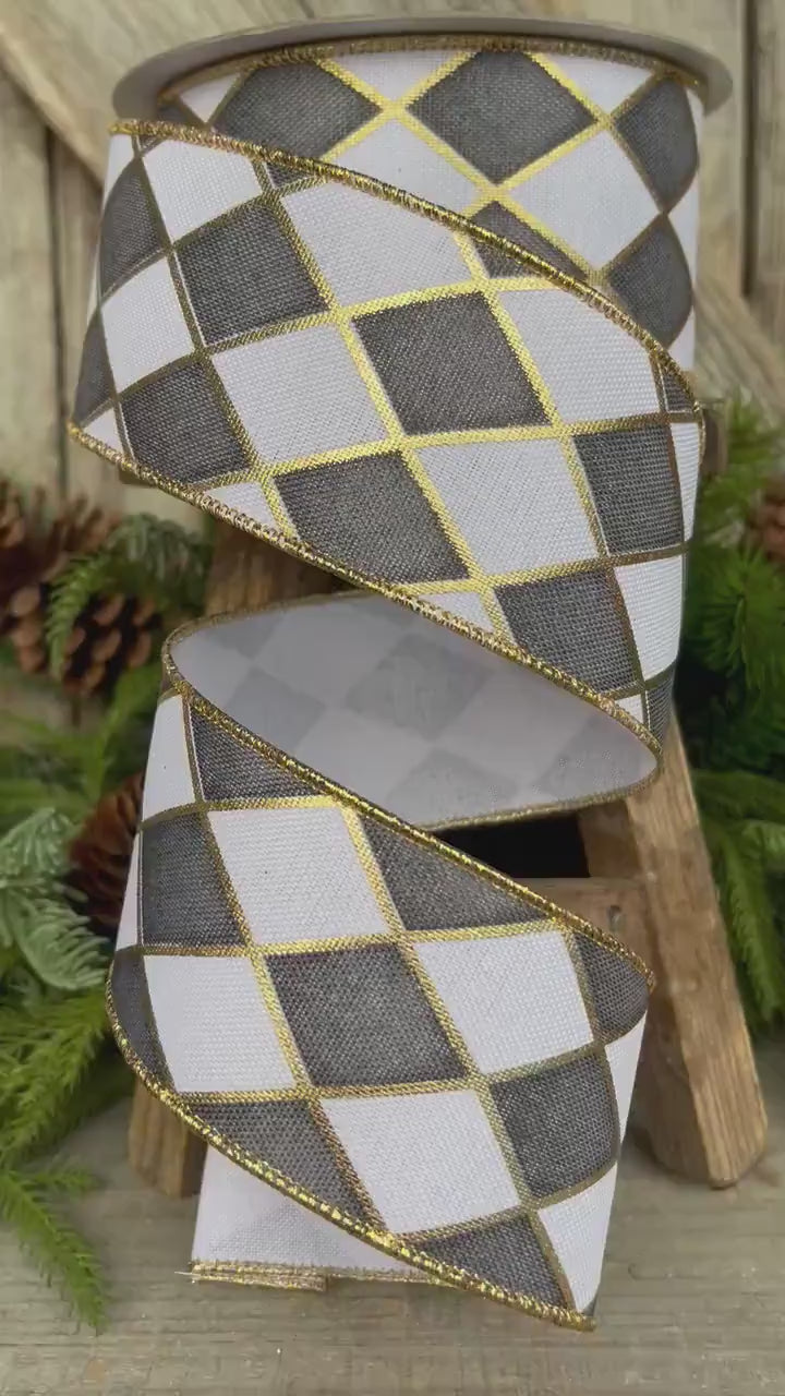 2.5" Black White Antique Diamonds Ribbon, Farrisilk Ribbon, Harlequin Ribbon