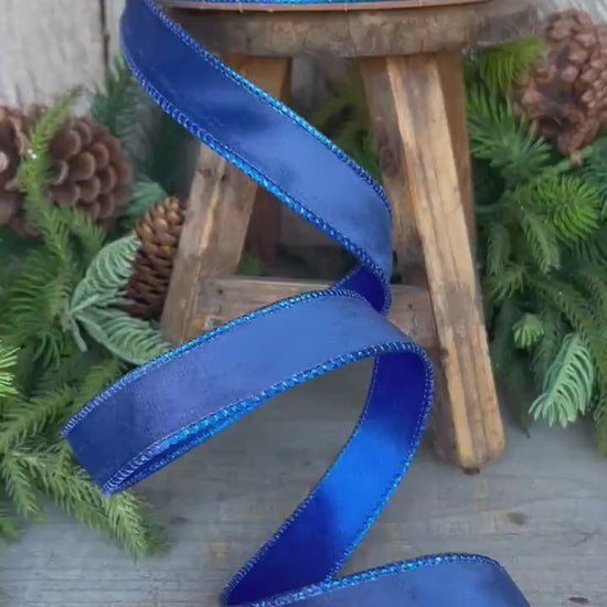 1" Blue Velvet Ribbon, Wired Ribbon, Christmas Ribbon
