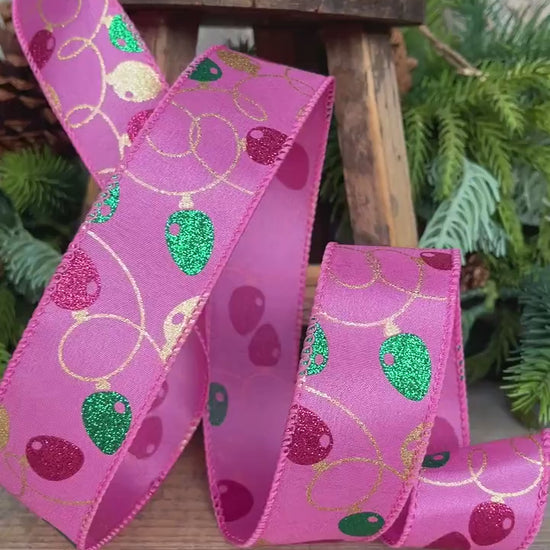 1.5" Pink Christmas Ribbon, Christmas Lights Ribbon, Bubblegum Pink Ribbon
