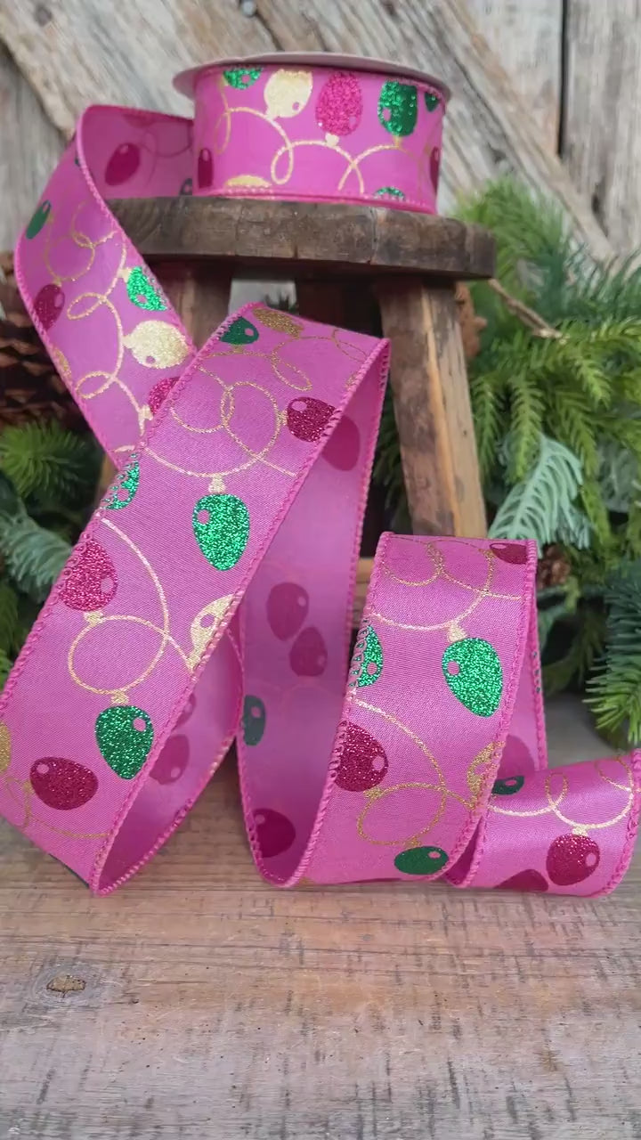 1.5" Pink Christmas Ribbon, Christmas Lights Ribbon, Bubblegum Pink Ribbon