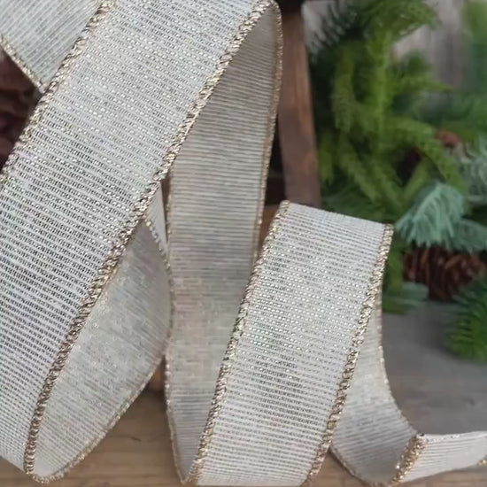 1.5" Ivory & Gold Ribbon, Christmas Ribbon, Gift Wrap Ribbon