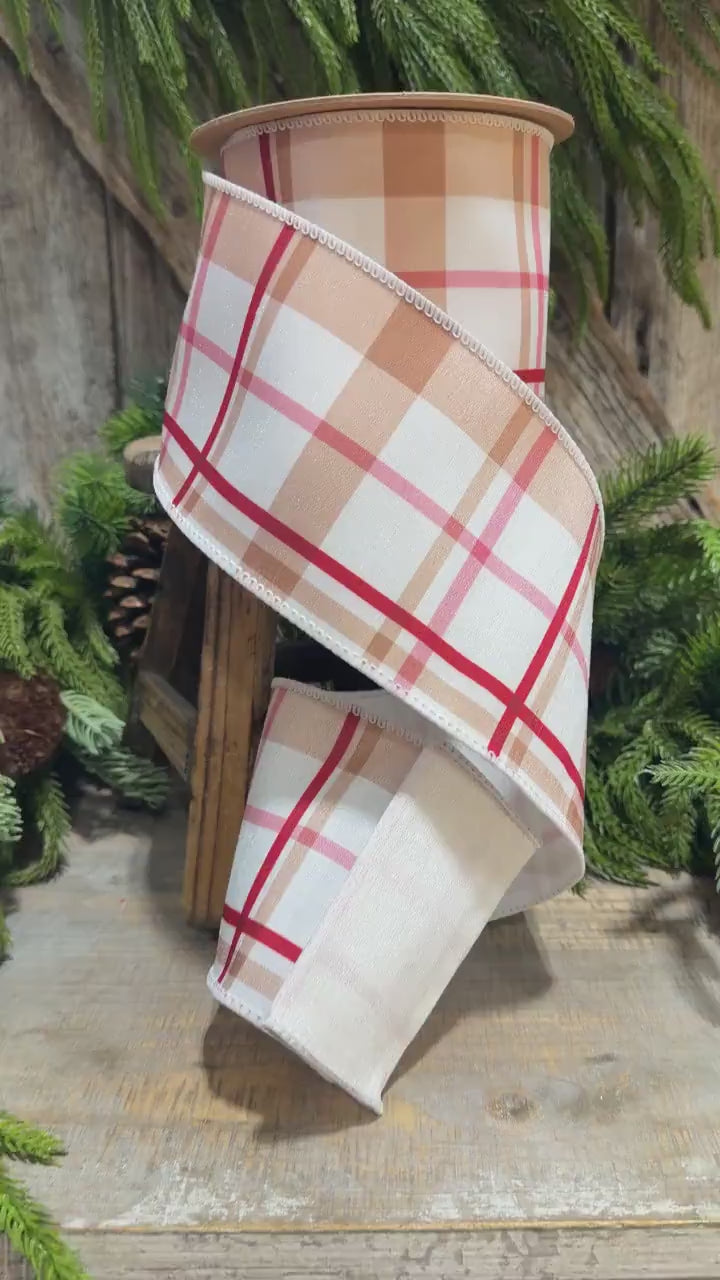 4" Gingerbread Brown Plaid Wired Ribbon, 10 Yard Roll