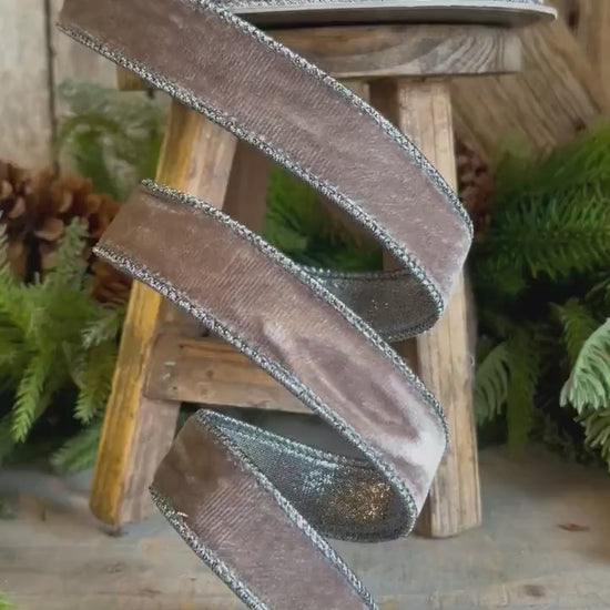 1" Gray Velvet Wired Ribbon, Steel Gray Ribbon, Velvet Ribbon