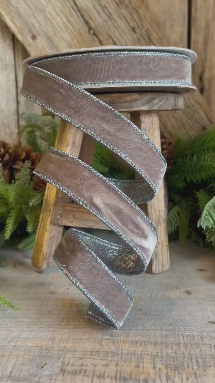1" Gray Velvet Wired Ribbon, Steel Gray Ribbon, Velvet Ribbon