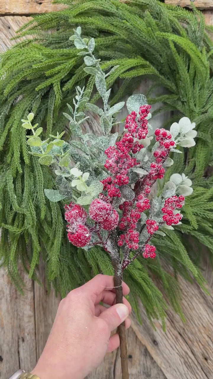 18" Icy Red Berry and Frosted Greenery Pick – Christmas Floral Spray
