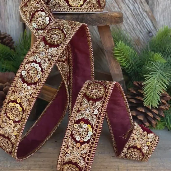 1.5" Burgundy Gold Sequin Ribbon, Christmas Ribbon, Burgundy Ribbon for Tree