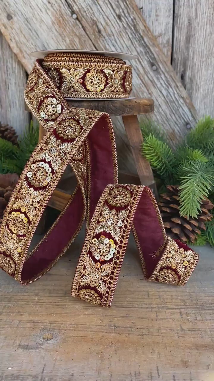 1.5" Burgundy Gold Sequin Ribbon, Christmas Ribbon, Burgundy Ribbon for Tree