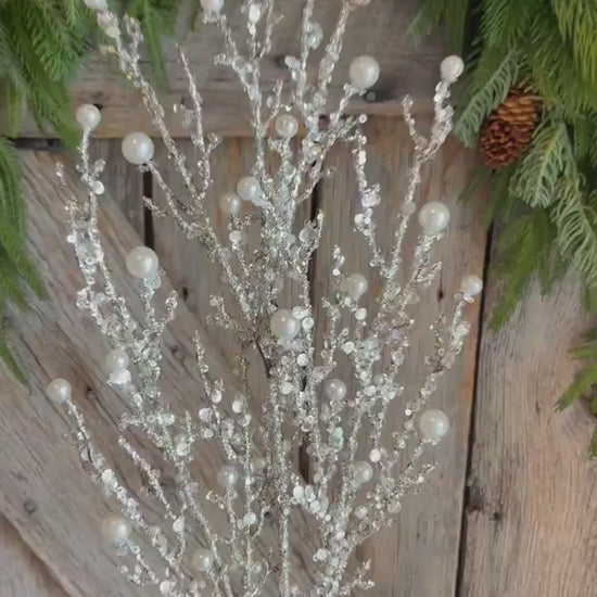 33" Iced Twig Pearl Spray, Christmas Tree Picks & Stems, Christmas Tree Spray
