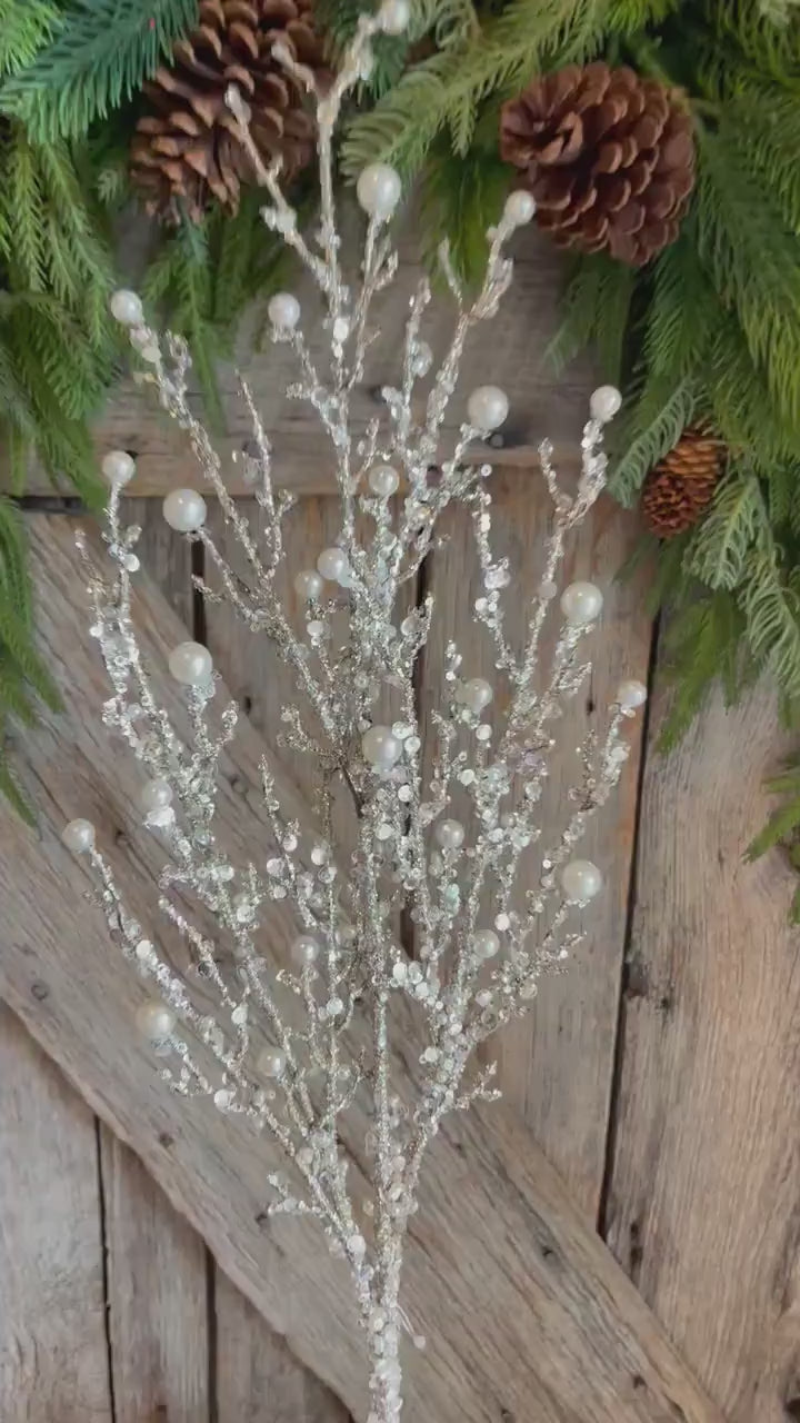 33" Iced Twig Pearl Spray, Christmas Tree Picks & Stems, Christmas Tree Spray