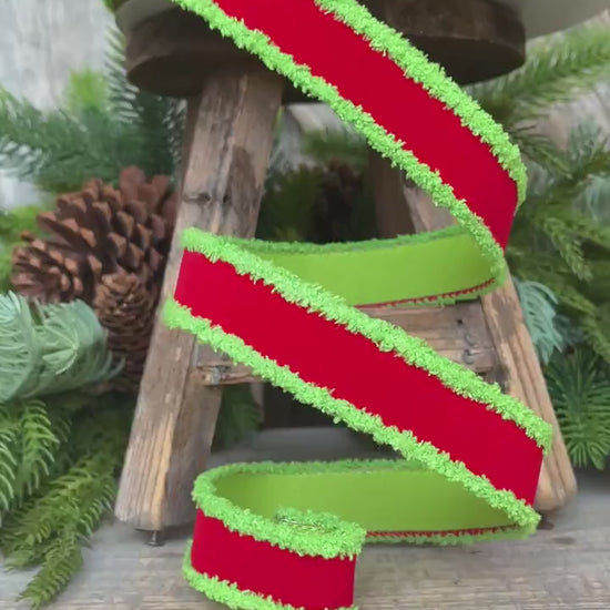 1" Red Lime Green Ribbon, Farrisilk Ribbon, Scrooge Trim Ribbon