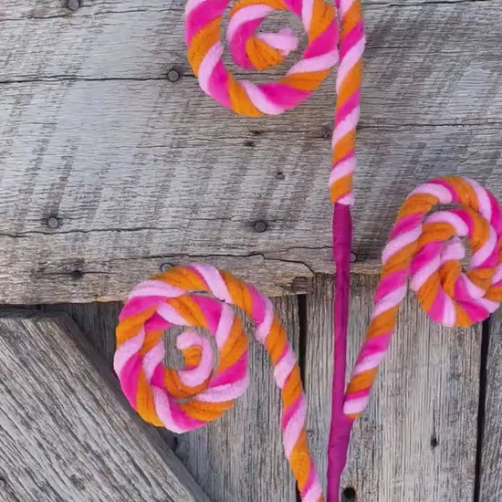 20" Pink Orange Stripe Spiral Curly Spray, Easter Decor, Wreath Spray