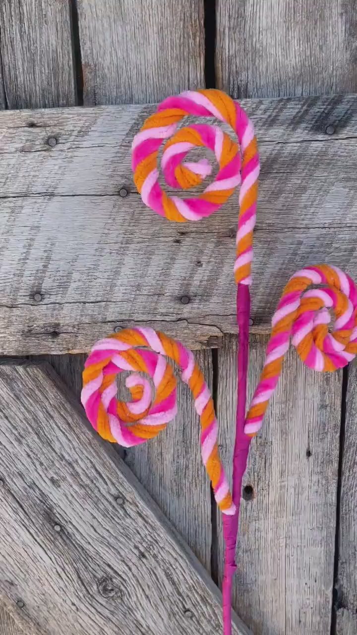 20" Pink Orange Stripe Spiral Curly Spray, Easter Decor, Wreath Spray