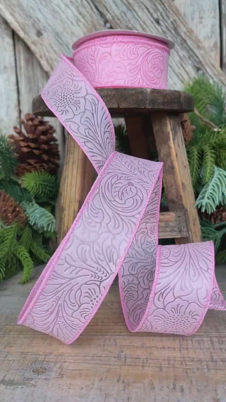 1.5" Light Pink Embossed Ribbon, Pink Ribbon, Christmas Ribbon