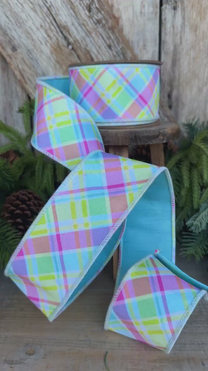 2.5" Blue Pastel Plaid Wired RIbbon, Spring Ribbon, Summer RIbbon