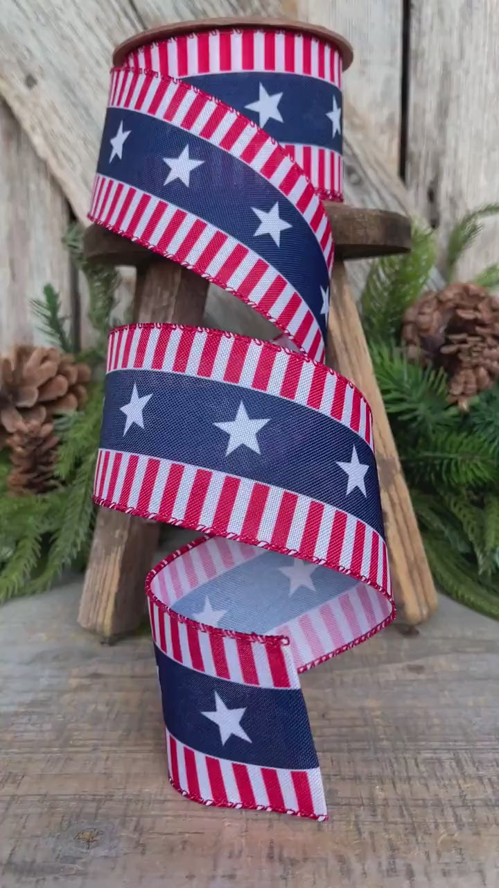 2.5" Patriotic Wired Ribbon, Stars and Stripe Ribbon, American Ribbon