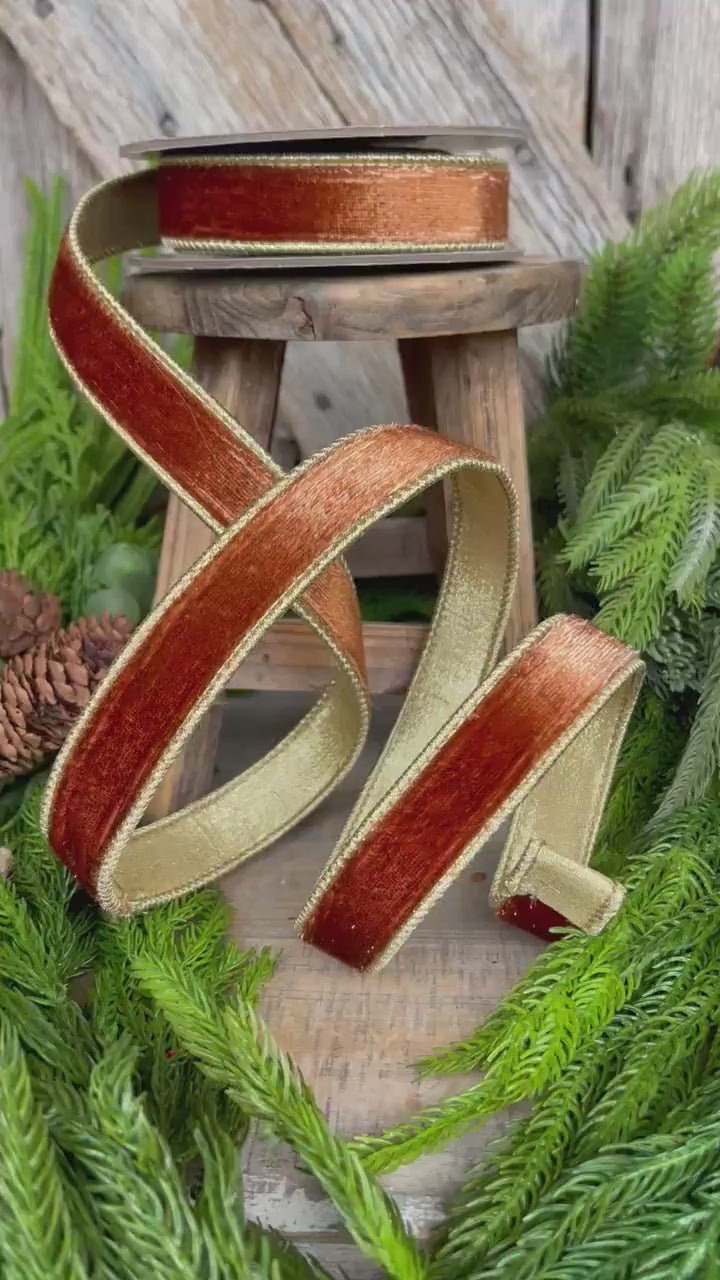 1” Bronze Wired Velvet Ribbon, 5 yards, Wired ribbon