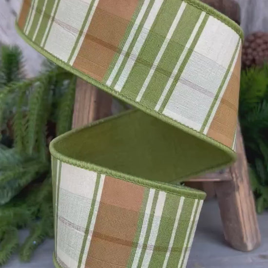 2.5" Green Moss and Brown Fall Plaid Ribbon, Woodsey Fall Ribbon, Farrisilk Ribbon