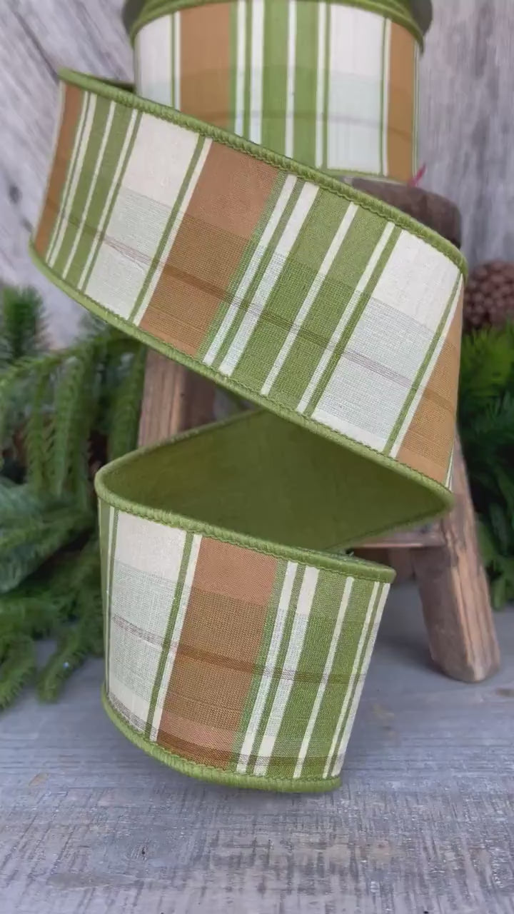 2.5" Green Moss and Brown Fall Plaid Ribbon, Woodsey Fall Ribbon, Farrisilk Ribbon