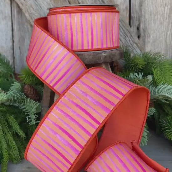 2.5" Orange Pink Stripe Ribbon, Farrisilk Ribbon, Wired Ribbon