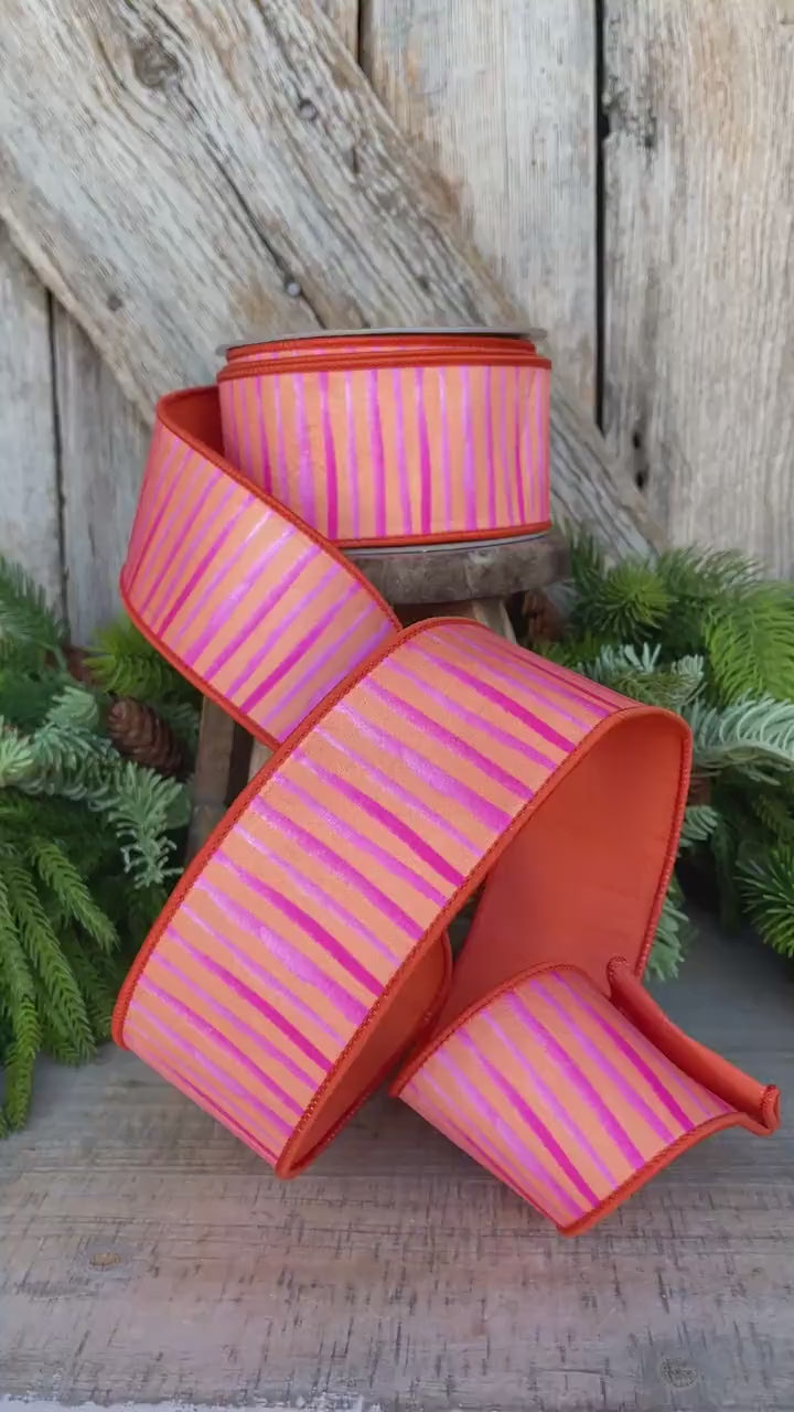 2.5" Orange Pink Stripe Ribbon, Farrisilk Ribbon, Wired Ribbon