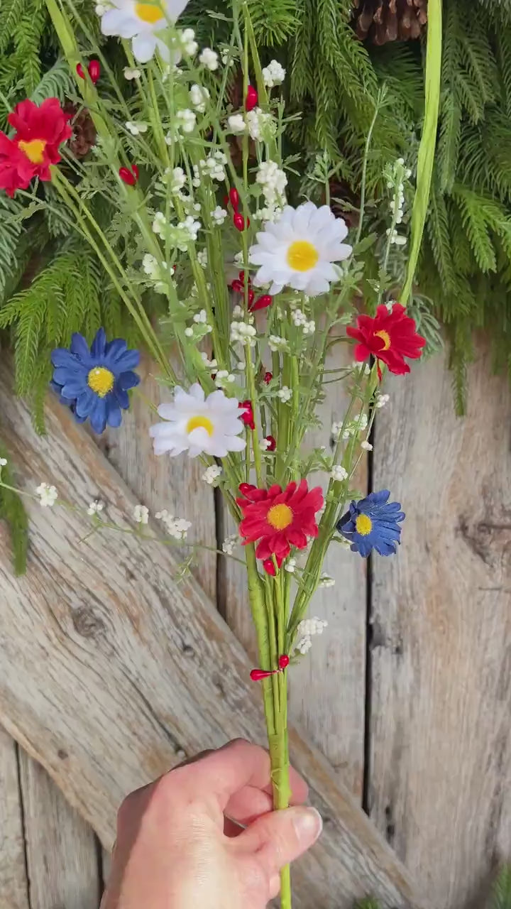 24" Patriotic Flowering Bush, Artificial Floral Bush, Red White Blue Floral