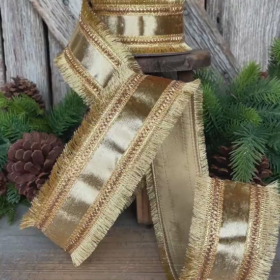 2.5" Gold Velvet Fringe Ribbon, Christmas Ribbon, Gold RIbbon