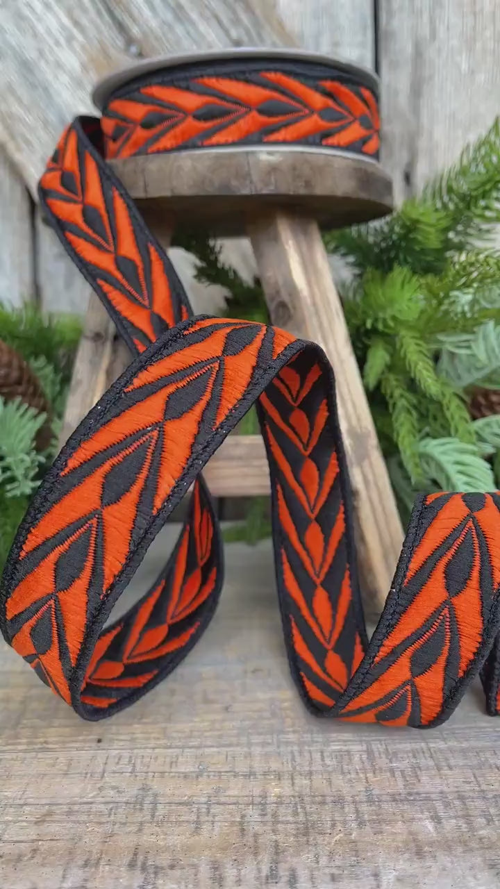 1" Orange Halloween Fang Ribbon, Farrisilk Ribbon, Orange Black Ribbon