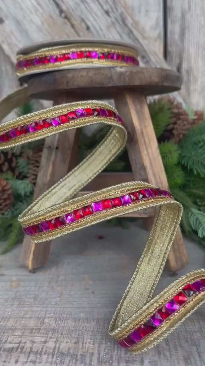 3/4" Hot Pink Red Jeweled Ribbon, Farrisilk Ribbon, Red and Pink Jewelry Garland
