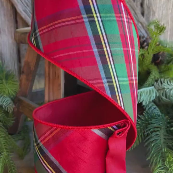 4" Traditional CHristmas Plaid, Wired Ribbon, Red Blue Chirstmas Plaid RIbbon