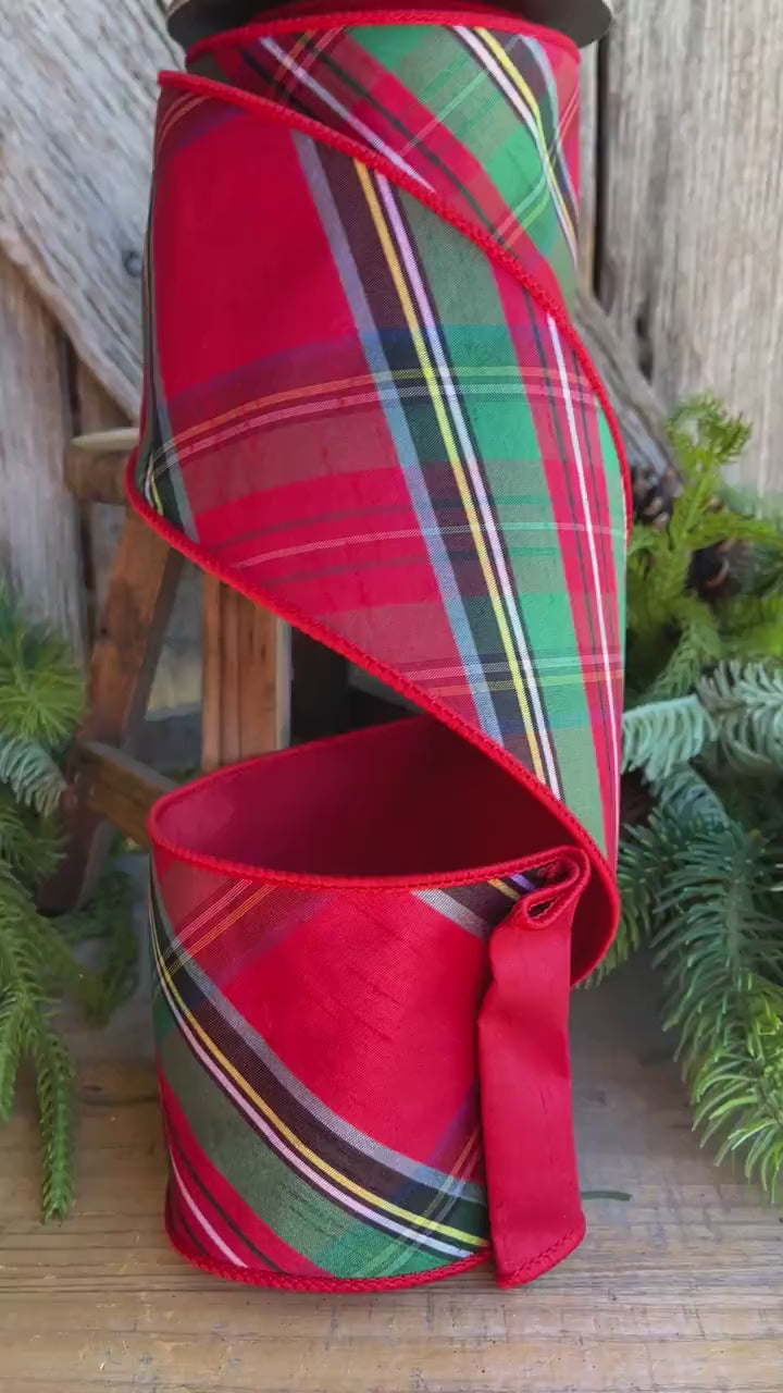 4" Traditional CHristmas Plaid, Wired Ribbon, Red Blue Chirstmas Plaid RIbbon