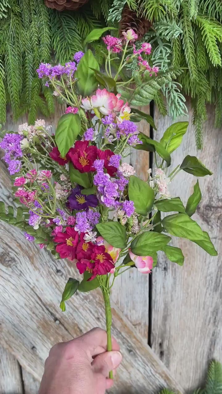 16" Mixed Wildflowers Bush – Artificial Spring Floral, Wreath Supply, Faux Wildflower Arrangement