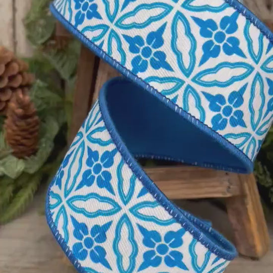 2.5" Blue Chinoiserie Ribbon, Blue and White Chinoiserie Ribbon, Wired RIbbon