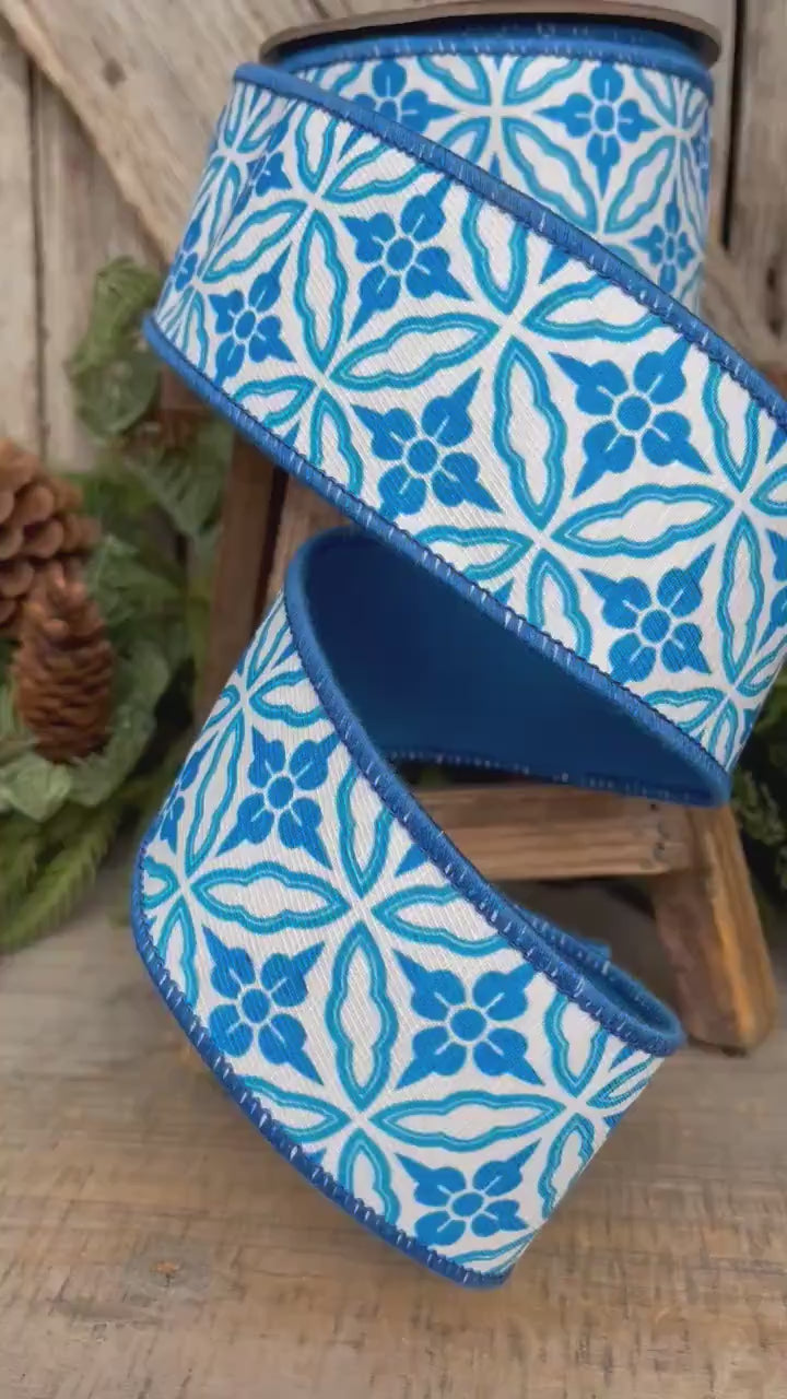2.5" Blue Chinoiserie Ribbon, Blue and White Chinoiserie Ribbon, Wired RIbbon