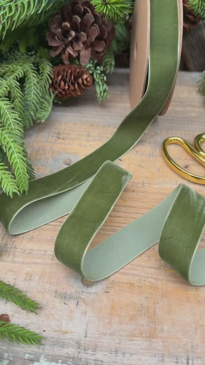 1" Olive Green Velvet Unwired Ribbon