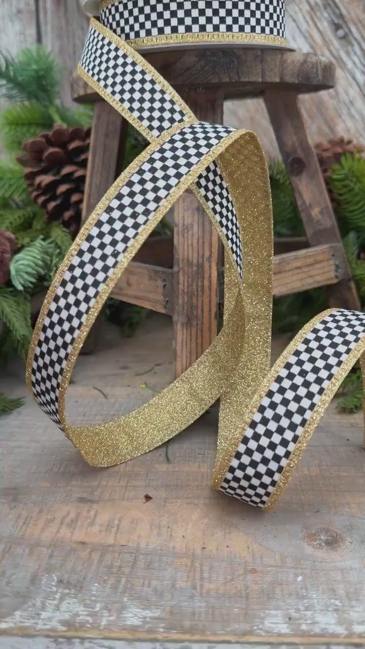 1" Black White Check Gold Glitter Wired Ribbon, 10 Yard Roll