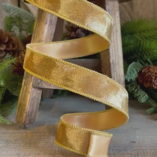 1" Gold Silken Velvet Ribbon, Farrisilk Ribbon, Wired Ribbon