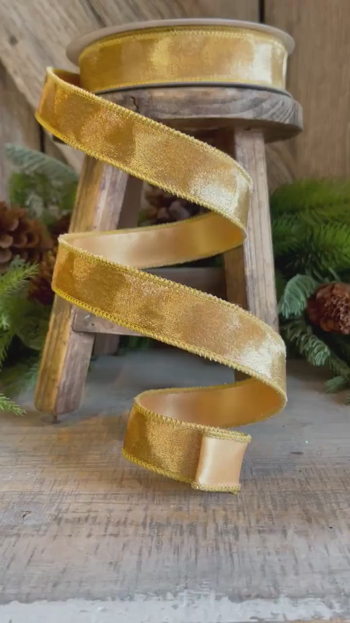 1" Gold Silken Velvet Ribbon, Farrisilk Ribbon, Wired Ribbon