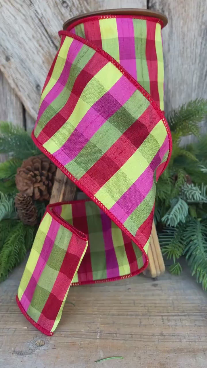 4" Fuchsia, Lime Red Plaid Wired Ribbon, Designer Christmas Ribbon for Wreaths