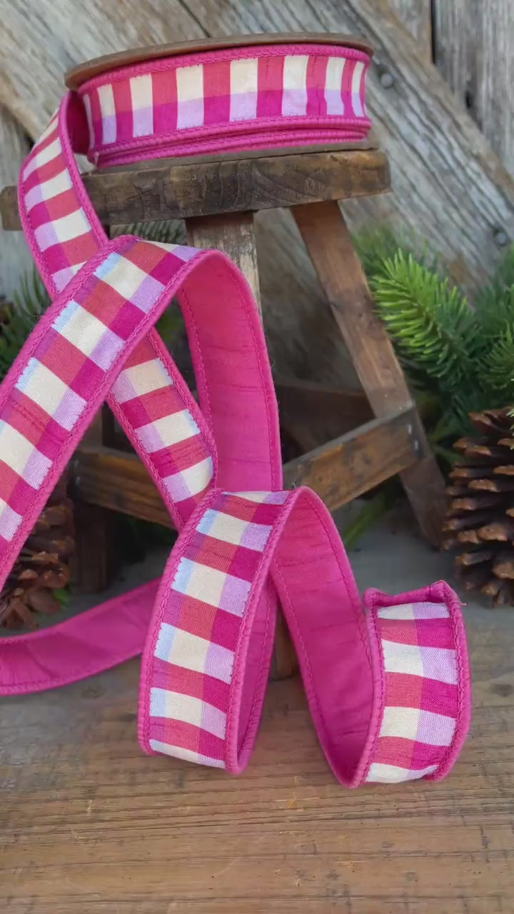 1" Pink Plaid Ribbon, Christmas Ribbon, Pink Ribbon