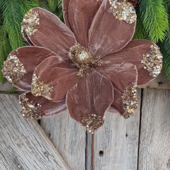 21" Mocha Brown Velvet Magnolia, Christmas Magnolia, Faux Magnolia Stem
