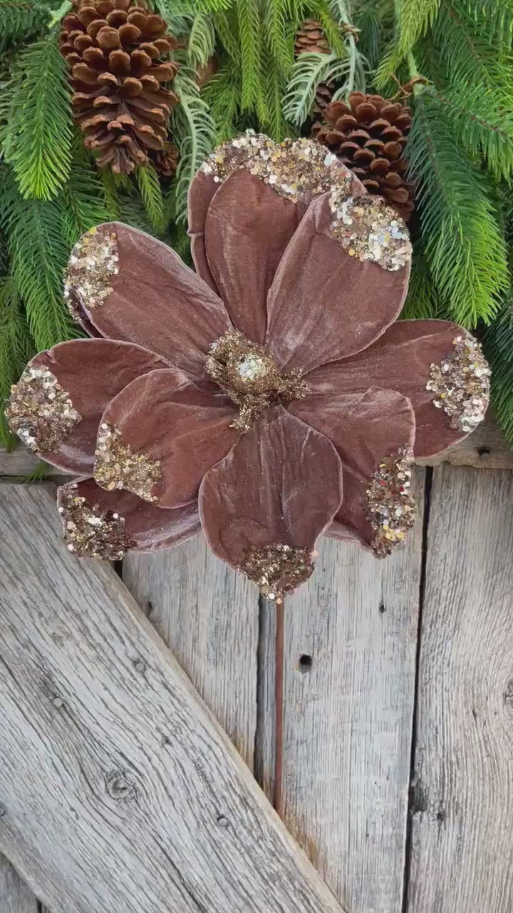 21" Mocha Brown Velvet Magnolia, Christmas Magnolia, Faux Magnolia Stem