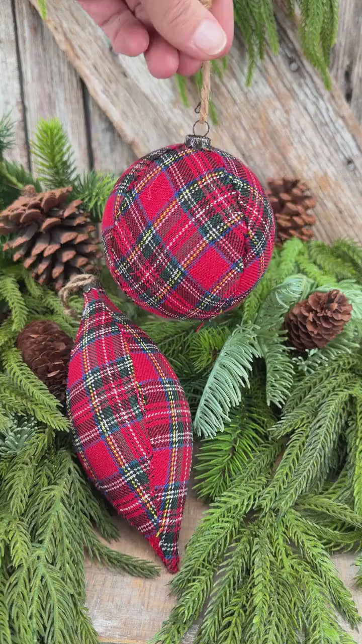 Set of 2 Red Plaid Christmas Ornaments, Tartan Fabric Holiday Ornaments