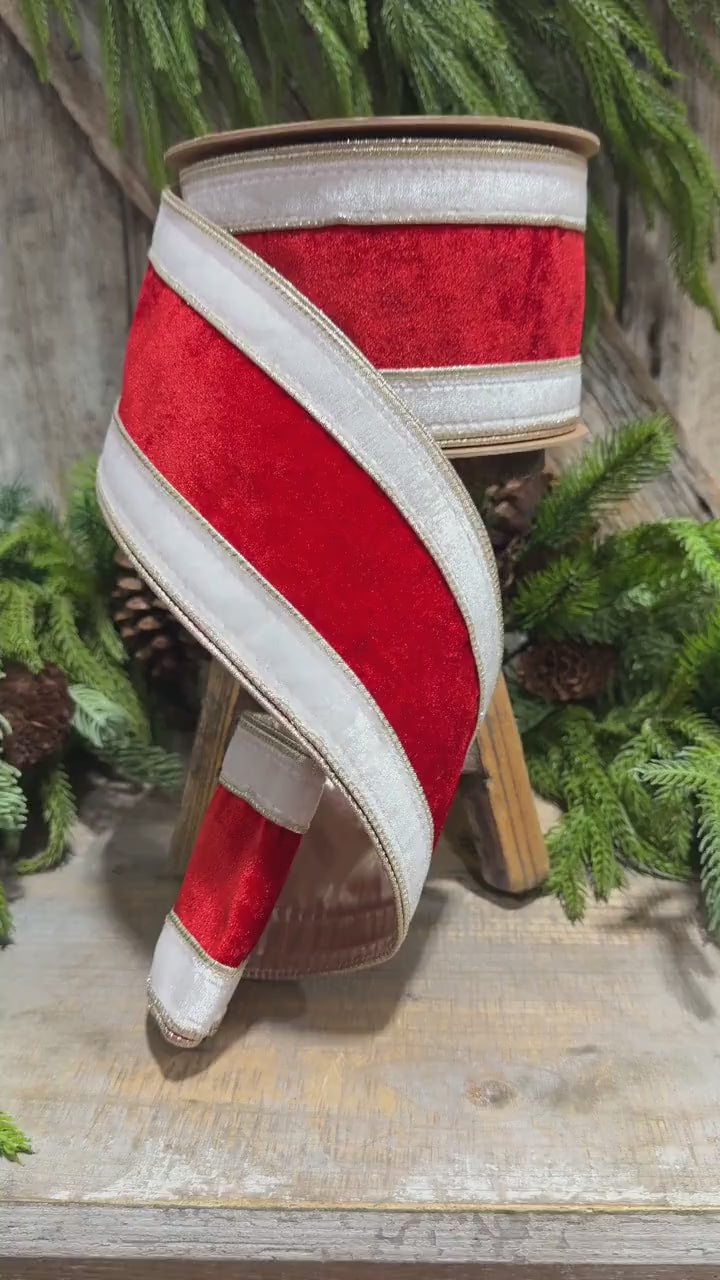 4" Red White Gold Velvet Wired Christmas Ribbon, 10 Yard Roll