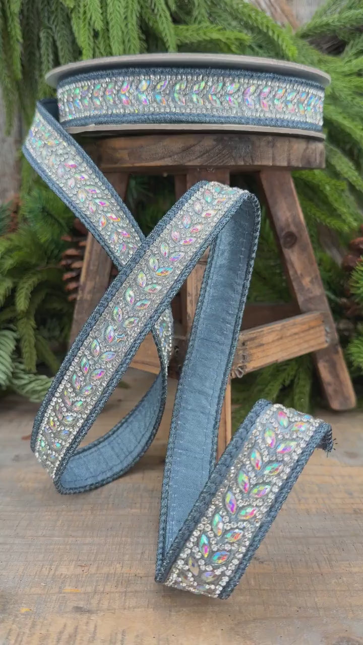 1" Steel Blue Jeweled Ribbon, Blue Mystic Diamonds Ribbon