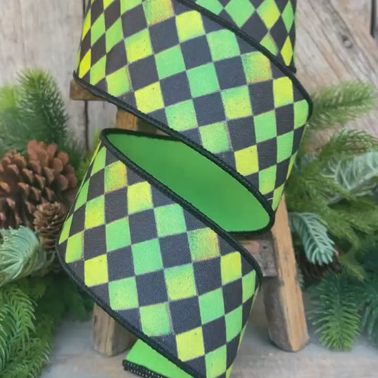 2.5" Green Harlequin Ribbon, Farrisilk Ribbon, Green Sketch Checks