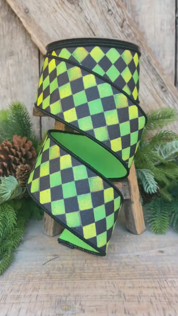 2.5" Green Harlequin Ribbon, Farrisilk Ribbon, Green Sketch Checks