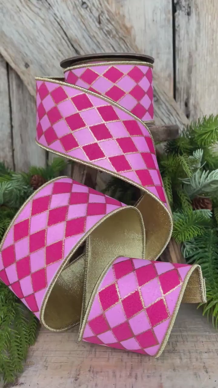 2.5" Pink Harlequin Ribbon, Wired Ribbon, Designer Ribbon