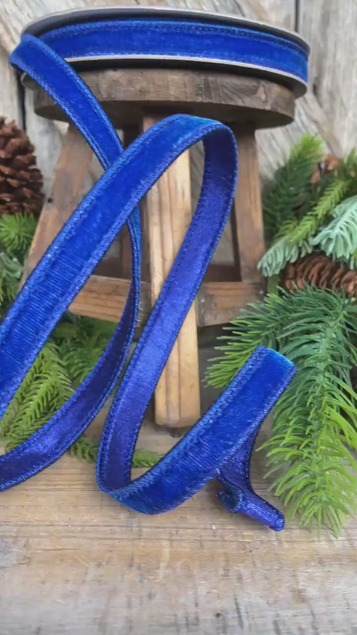3/4" Blue Velvet Luster Wired Ribbon, Farrisilk Ribbon, Velvet Ribbon