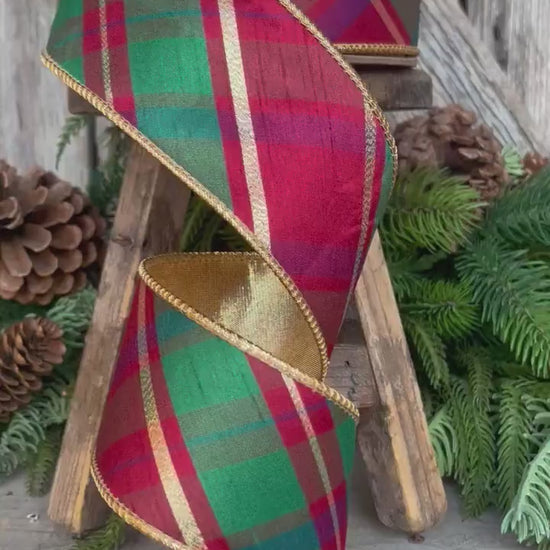 2.5" Christmas Plaid Ribbon, Red Green Gold Plaid Ribbon, Traditional Christmas Ribbon